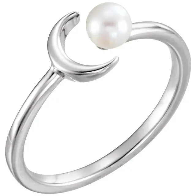 White Freshwater Pearl Crescent Moon Ring norVoski