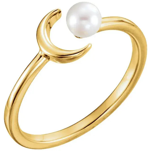 White Freshwater Pearl Crescent Moon Ring norVoski