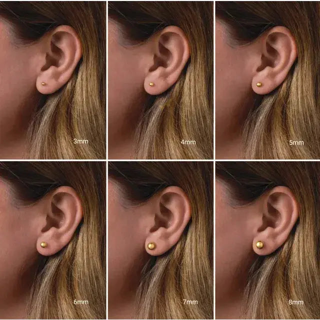 Earring sizes displayed on an ear with measurements from 3mm to 8mm.