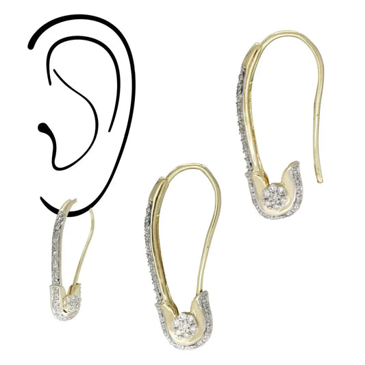 Safety Pin Earring with Diamond Rivet and Single Row of Diamonds norVoski